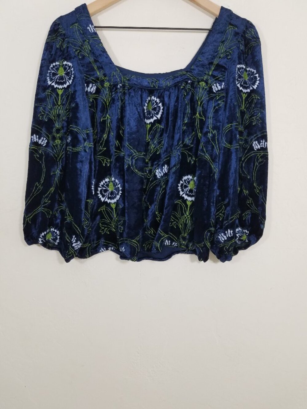 By Anthropologie Velvet Embroidered Floral Top Blouse Square Neck Blue Size S